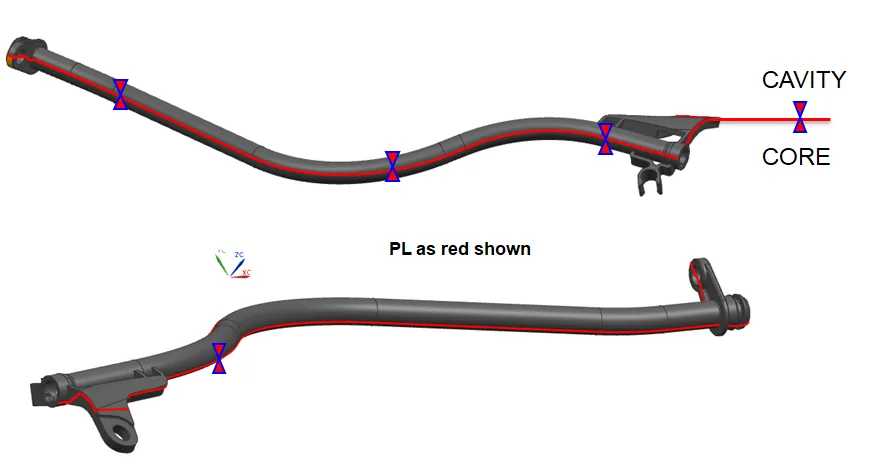 Projectile path and parting-line study for the hollow automotive guide tube