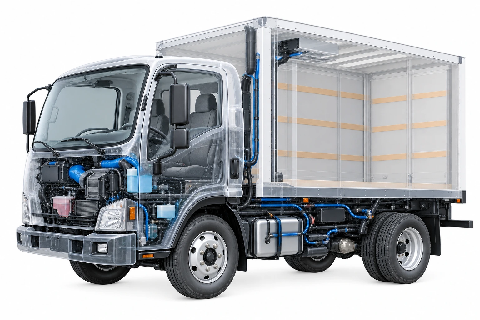 Illustrative transparent commercial vehicle concept on a white background