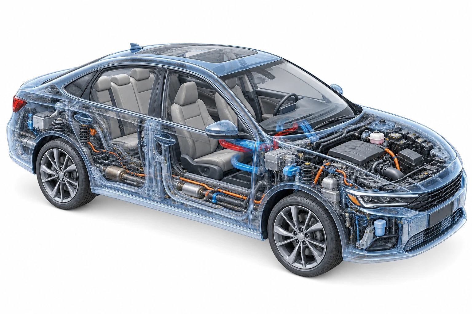 Illustrative transparent passenger vehicle concept on a white background